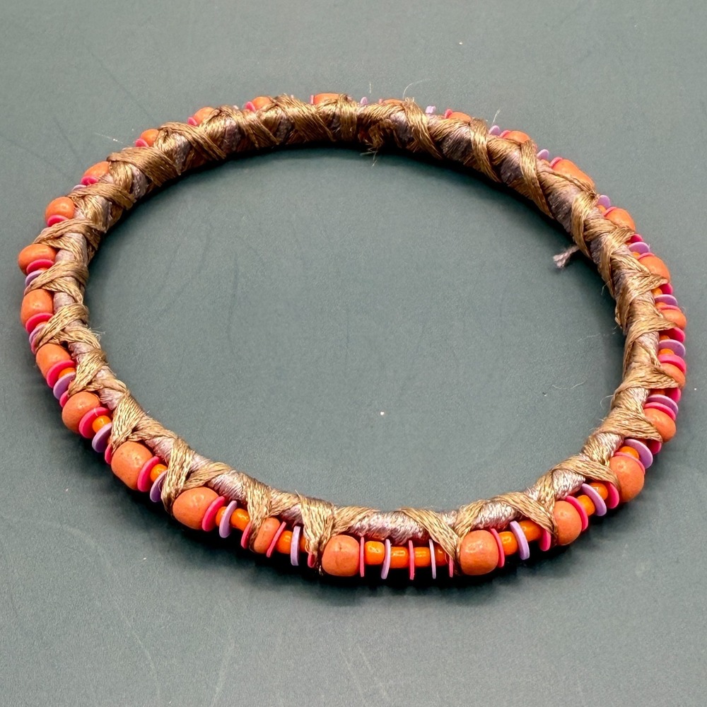 Orange Pink Beaded Rope Wrapped Bangle Bracelet Boho Festival Statement Jewelry